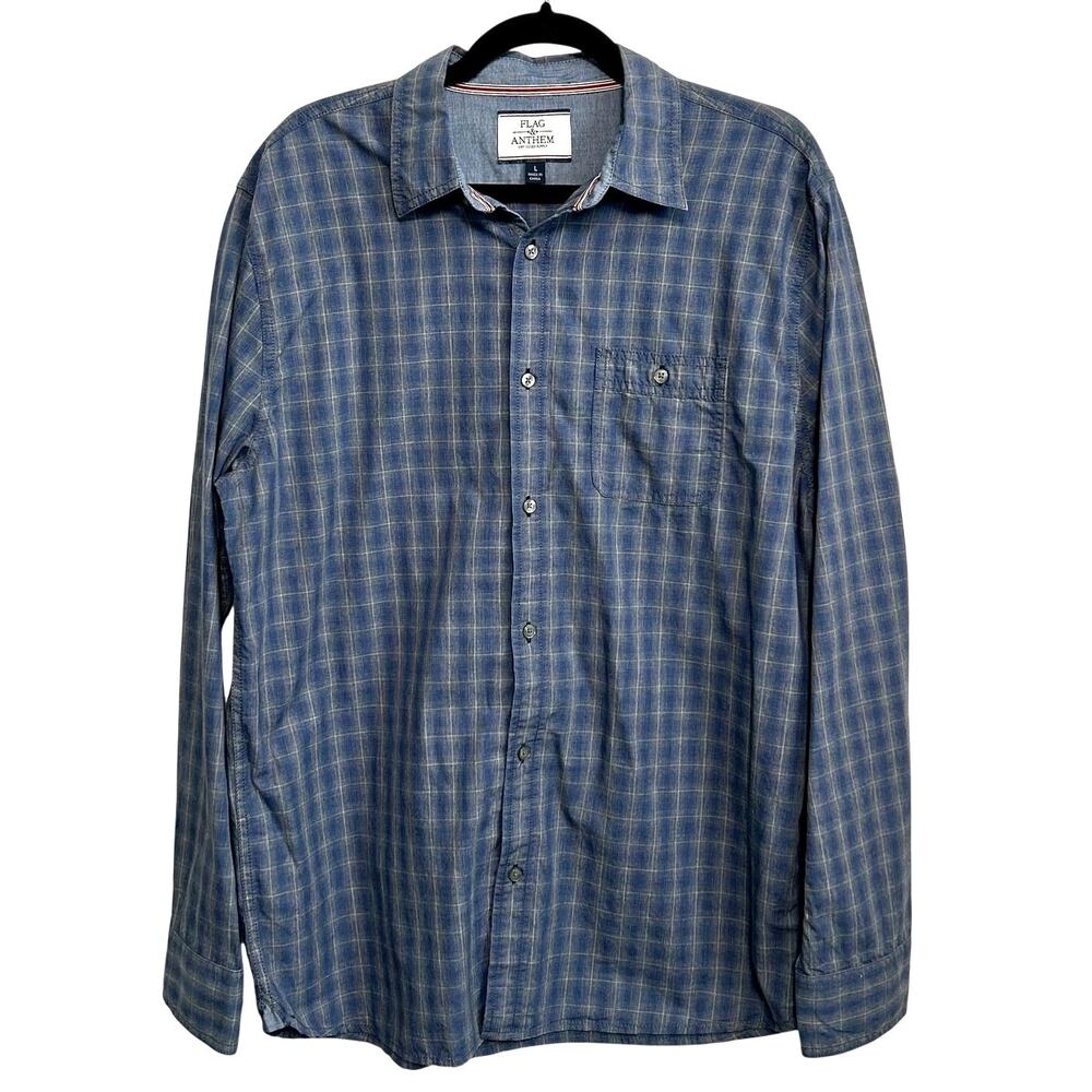 Flag & Anthem Dry Goods Supply Windowpane Plaid Shirt L Blue Cotton Button Down